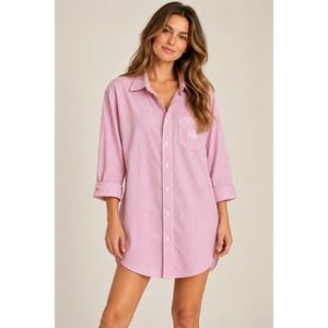 Lauren Ralph Lauren Pink Striped 100% Cotton Button Down Night Shirt, M